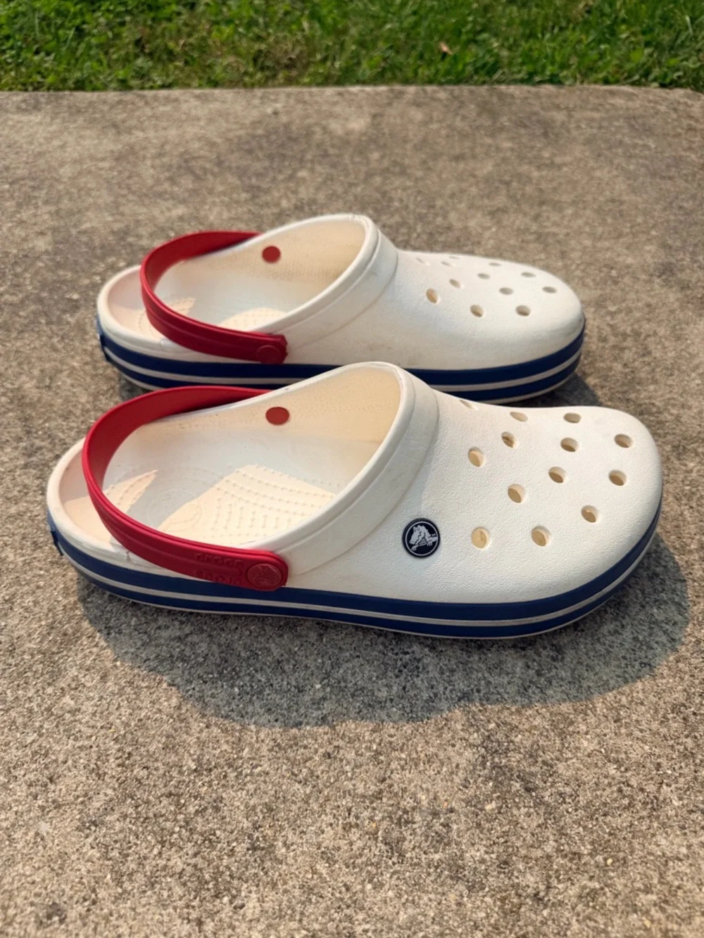 CROCS' White Clog with Red Strap and Blue Trim men’s 10 women’s 12